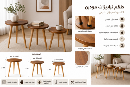 طقم تربيزات مدور خشابي بني