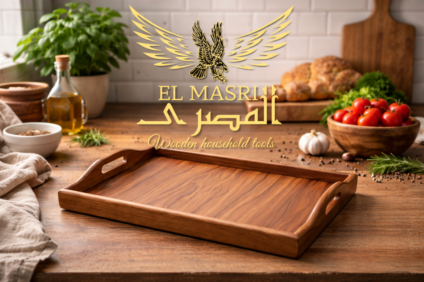صينيه تقديم وسط مقبض خشب